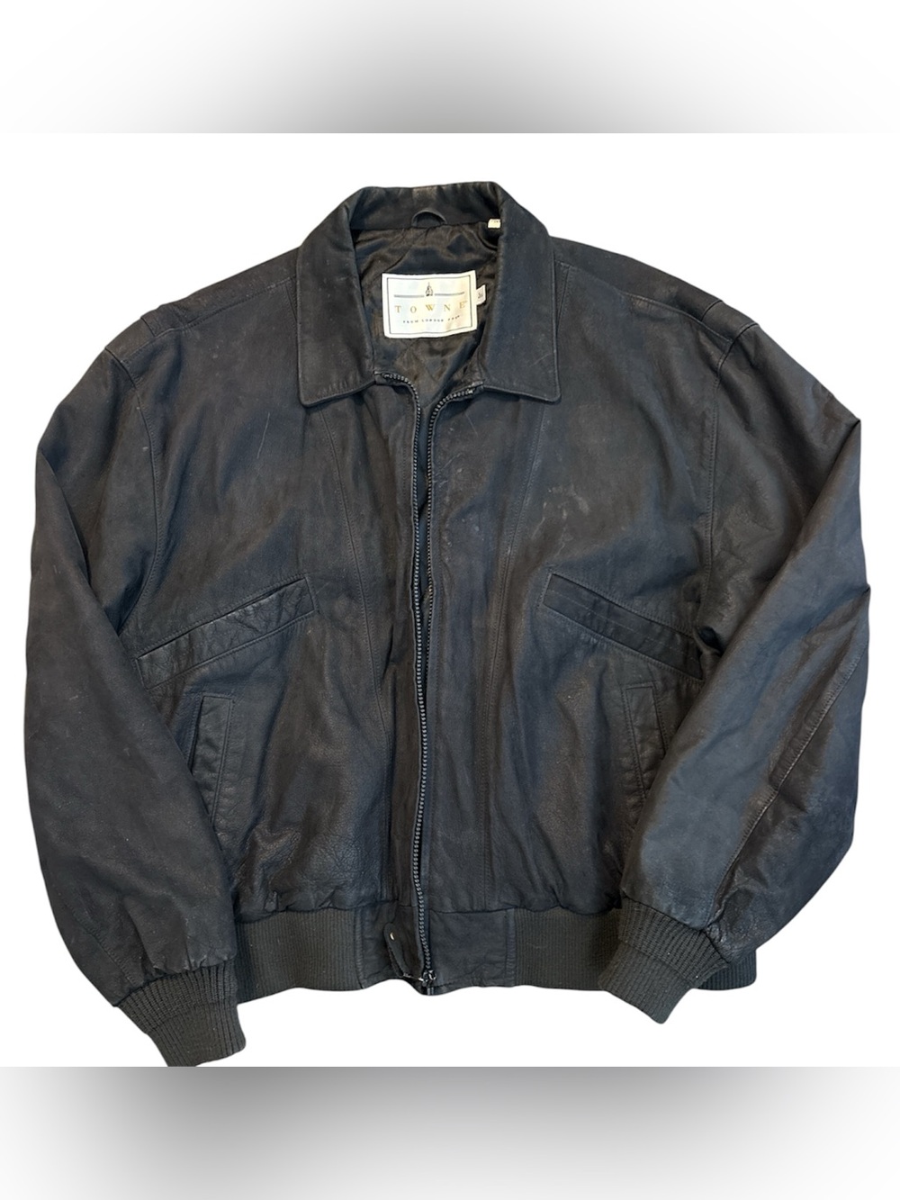 Towne by London Fog Black Leather Bomber Jacket - Men's Size Large